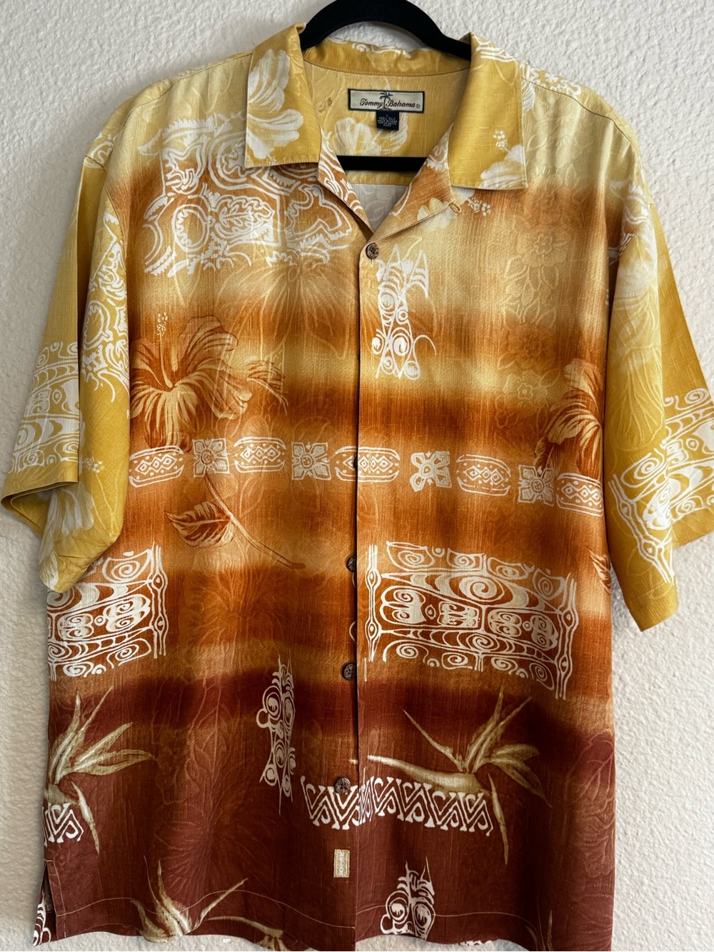 Tommy Bahama Gold & White Silk Tropical Print Camp Shirt
